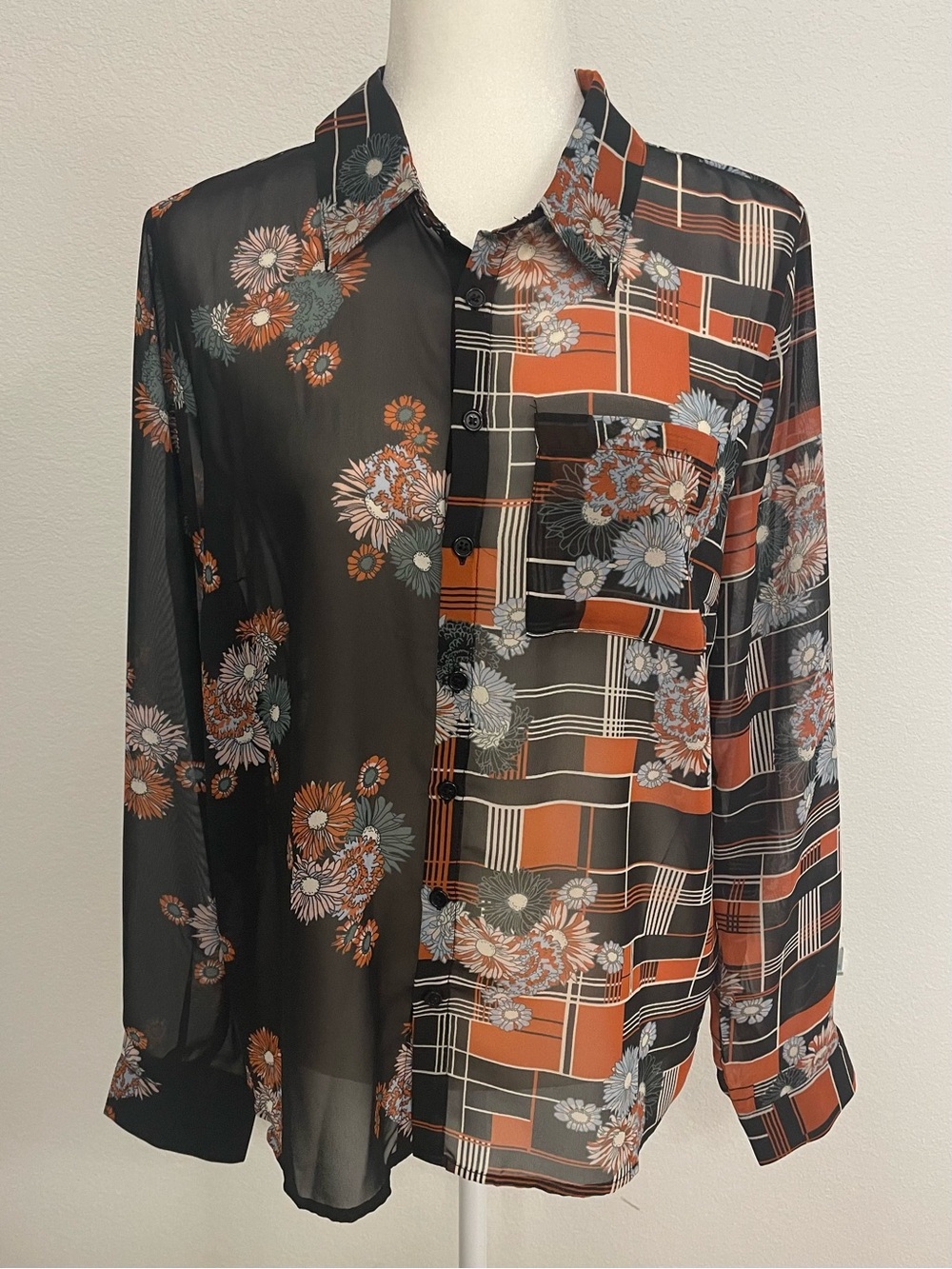Modcloth Black and Rust Floral Patchwork Button-Down Shirt